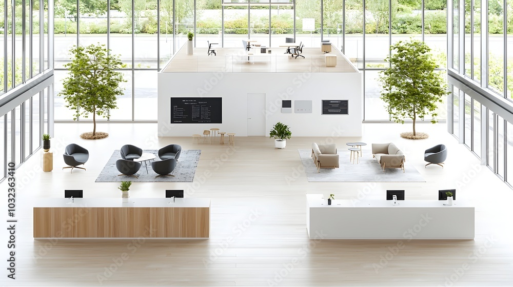 Poster elegant and inviting open concept office lobby with large floor to ceiling windows comfortable seati