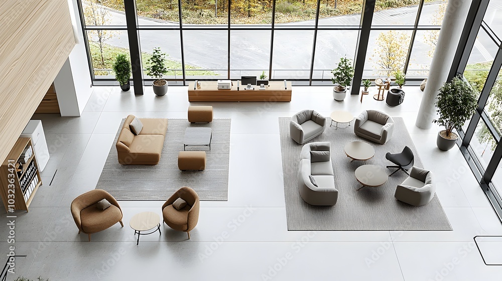 Poster tranquil and inviting minimalist open concept office lobby with comfortable seating floor to ceiling