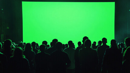 3d realistic render of a crowd looking to big huge green screen monitor chroma key crowds of audience people, watching outdoors public display dark atmosphere location place horizontal composition