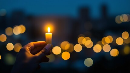 A hand holds a glowing candle against a backdrop of soft bokeh lights during an evening gathering