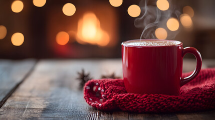 A Cozy Christmas Scene with a Red Mug of Hot Chocolate on a Rustic Wooden Table by the Fireplace