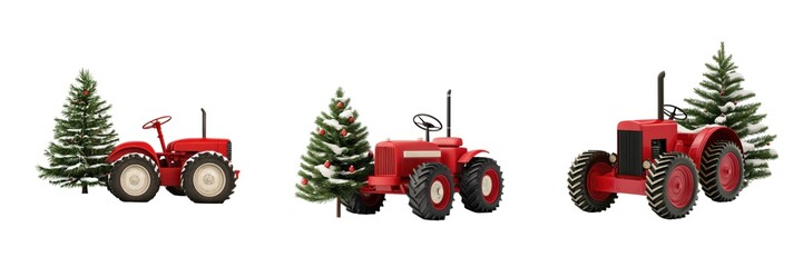 Obraz premium Three red tractors with Christmas trees reflect a festive farming theme, combining agriculture with holiday cheer.