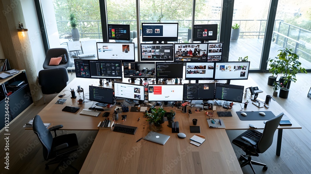 Leinwandbilder Overhead view of a contemporary minimalist workspace featuring multiple computer workstations set up on a large modern table  The high angle perspective showcases the organized