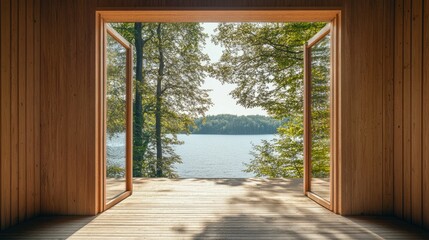 Serene open wooden porch overlooking a tranquil lake through trees, embracing nature and water wellness