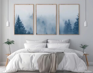 Rustic wooden bed with blue pillows and two bedside cabinets against white wall with three posters frames. Farmhouse interior design of modern bedroom. 