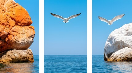 Mesmerizing flock of birds effortlessly soaring over a calm reflective sea under a serene azure sky  This tranquil minimalist seascape evokes a sense of peace freedom