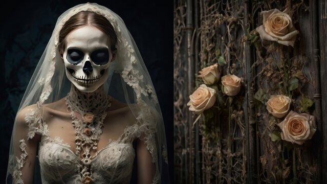 women skull wearing wedding dress
