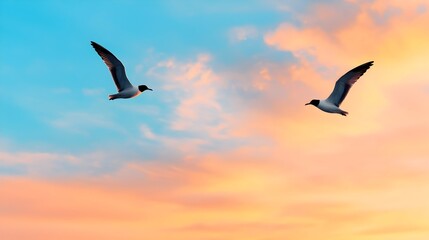Majestic Birds Gracefully Soaring and Gliding Across a Picturesque Cloudy Sky Landscape with Serene and Peaceful Atmosphere