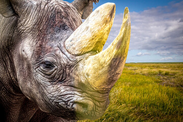 close-up of a rhino looking over a grass covered field