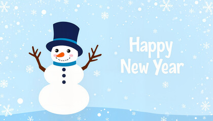 Fototapeta premium Snowman illustration with a joyful mood and Happy New Year text in a winter background