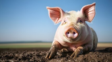 Contented pigs peacefully wallowing in the mud on a traditional picturesque countryside farm  The serene rural scene captures the tranquil natural lifestyle of these farm animals