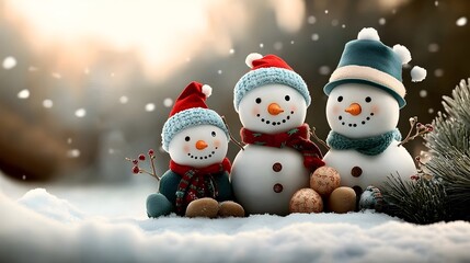 Cheerful snowman family group in a snowy landscape dressed in festive winter attire with delightful accessories  Cozy intimate setting with twinkling icicles pine boughs