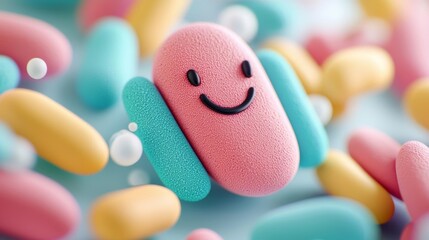 A colorful microscopic view of gut bacteria, represented as friendly, smiling characters, Gut bacteria, happy microbiota, friendly gut microbes supporting health