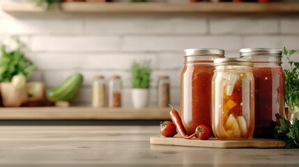 A cozy kitchen scene with jars of fermented vegetables and homemade probiotic drinks, Cozy kitchen, fermentation, gut-boosting foods made at home