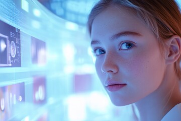 A young girl gazes thoughtfully at futuristic screens filled with data and vibrant colors. This image explores technology and its impact. Generative AI