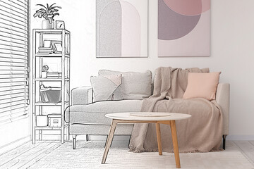 Interior of stylish living room, designer's idea realization. Comfortable sofa and other furniture. Combination of photo and sketch
