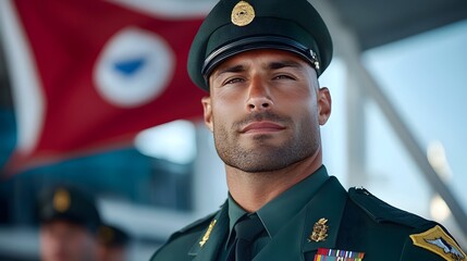 A soldier in full military uniform standing at attention with a dignified and resolute posture in front of a prominent national flag  This powerful image symbolizes service honor