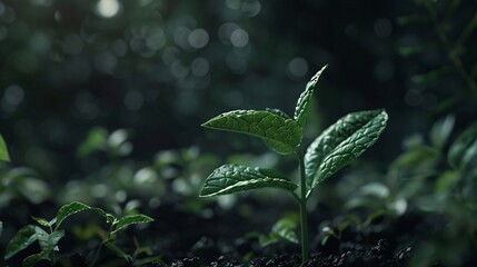 A new sprout emerging from the soil, captured with photorealistic detail and vibrant green hues.