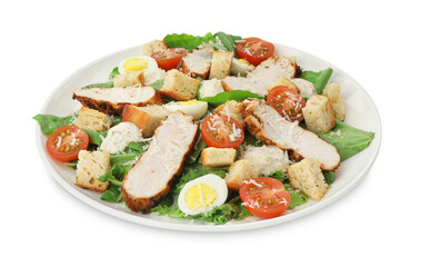 Tasty Caesar salad with chicken isolated on white