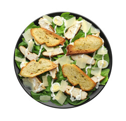 Delicious Caesar salad with chicken isolated on white, top view