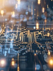 Close-up of a computer motherboard featuring intricate circuit lines and components. chip, electronics, complex, precision, technology, computer core, data processing, operating system
