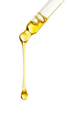 Essential oil dripping from pipette on white background