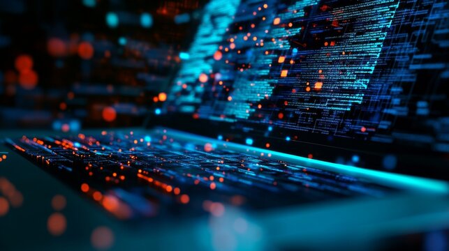 Close-up of a laptop keyboard with glowing circuit patterns and colorful data streams.