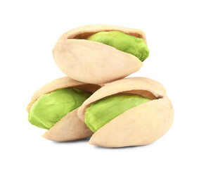 Three tasty pistachio nuts on white background