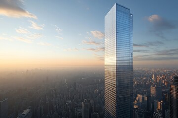Fototapeta premium A tall skyscraper with a glass facade stands tall above a dense cityscape, with the sun setting in the distance.