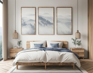 Rustic wooden bed with blue pillows and two bedside cabinets against white wall with three posters frames. Farmhouse interior design of modern bedroom. 