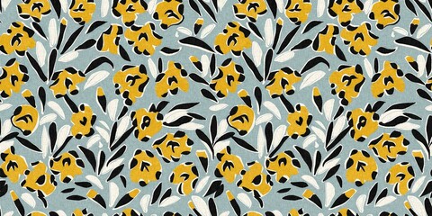 Modern printed fabric flower block print pattern with linen texture effect. Stylized boho dark floral for chic fashion background motif border design.