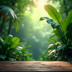Lush green jungle with a wooden table in the foreground
