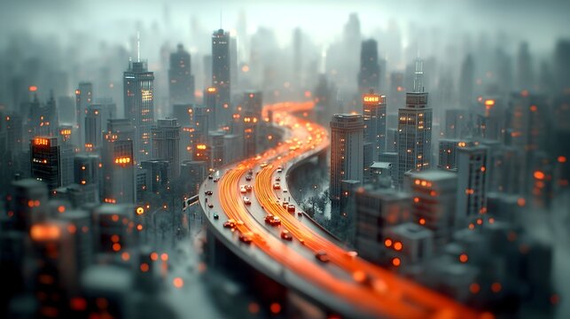 Futuristic smart city with towering skyscrapers neon lit boulevards and bustling autonomous vehicles  The cityscape is illuminated by glowing fiber optic communications