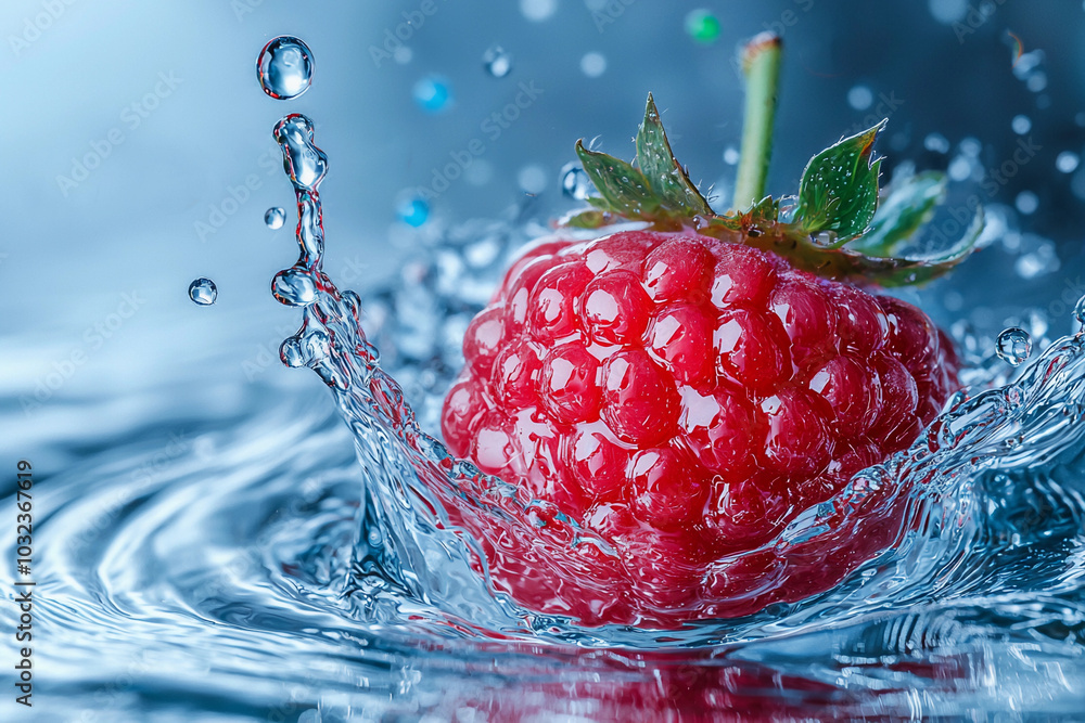 Poster fresh raspberry splashes into clear water creating dynamic ripples