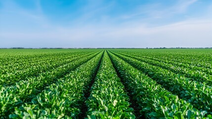 Lush verdant farm fields stretching out under a bright azure sky dotted with fluffy white clouds  Rows of thriving vibrant crops fill the expansive picturesque landscape