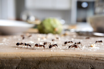Indoor kitchen with ants foraging on wooden surface, crumbs scattered on table