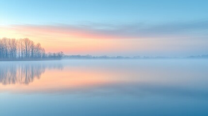 Fototapeta premium Colorful sunrise reflecting over a misty lake with bare trees