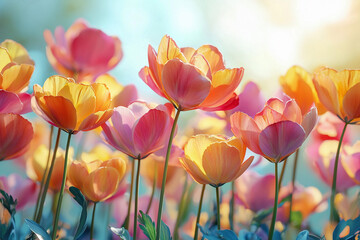 Obraz premium Vibrant tulips blooming in colorful garden during spring afternoon