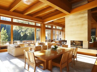 A spacious living room with large windows overlooking a lush forest, featuring a dining table with chairs and a fireplace.