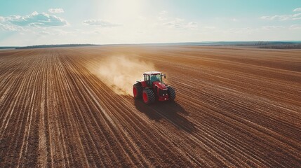 Obraz premium Red tractor plowing fertile soil on agricultural field at sunset