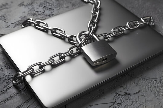 Laptop secured with chain and padlock, symbolizing strong cybersecurity measures - Powered by Adobe