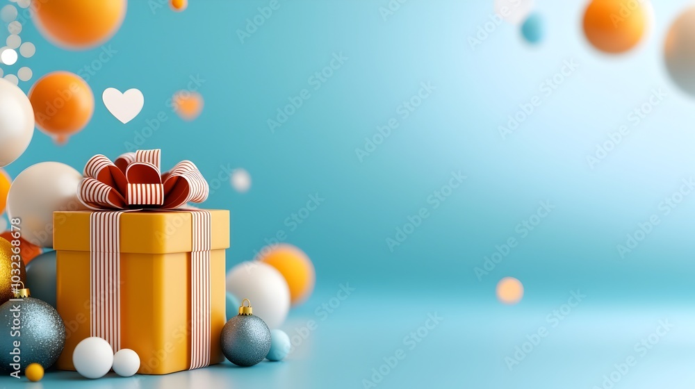 Poster minimalist 3d graphic design featuring a floating gift box price discount symbol and social network 