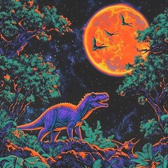 Dinosaur under a glowing moon