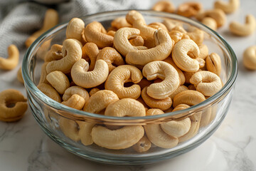 Fototapeta premium Freshly roasted cashew nuts in a glass bowl on a marble countertop