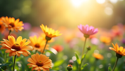 Colorful flowers in a sunny garden during springtime with a blurred background and copy space
