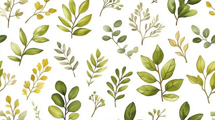 Botanical illustration of green leaves on a white background in a seamless pattern design