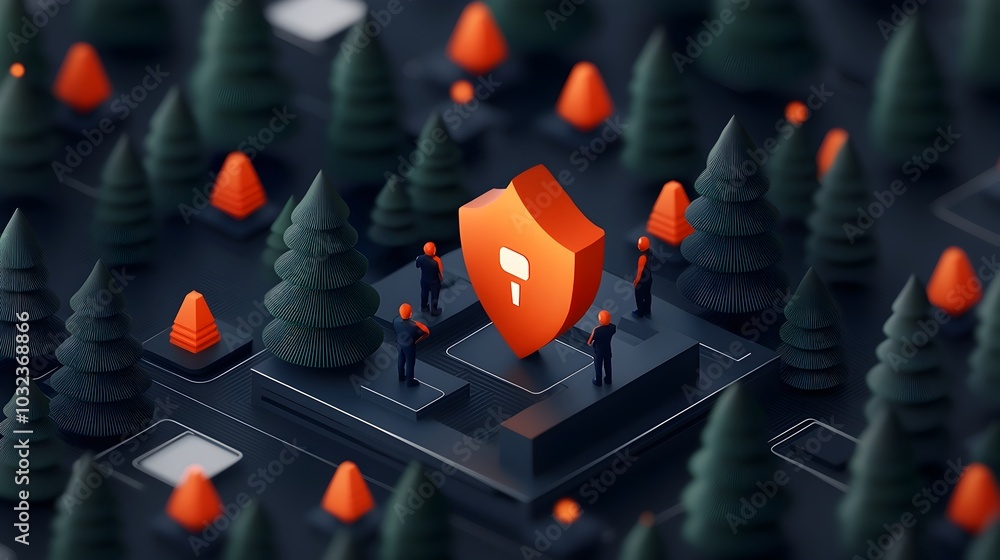 Poster digitally rendered figures securely guarding a collection of digital assets in a futuristic 3d isome