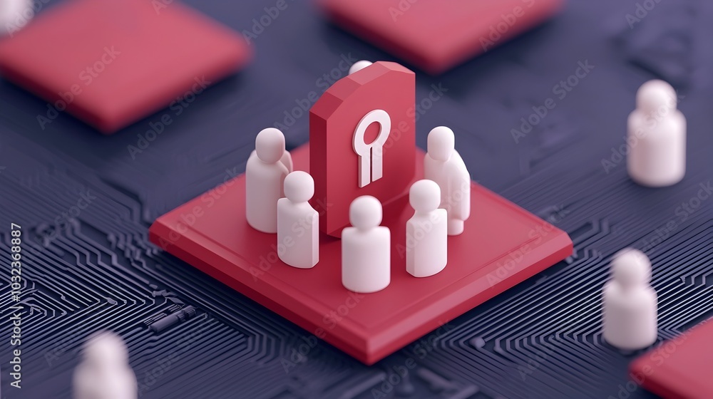 Poster A group of diverse digitally rendered figures securely guarding a collection of digital assets within a 3D isometric security concept with a sleek and futuristic visual style