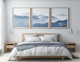Rustic wooden bed with blue pillows and two bedside cabinets against white wall with three posters frames. Farmhouse interior design of modern bedroom. 