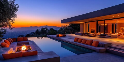 Modern home with a swimming pool and a fire pit overlooking a city at sunset.